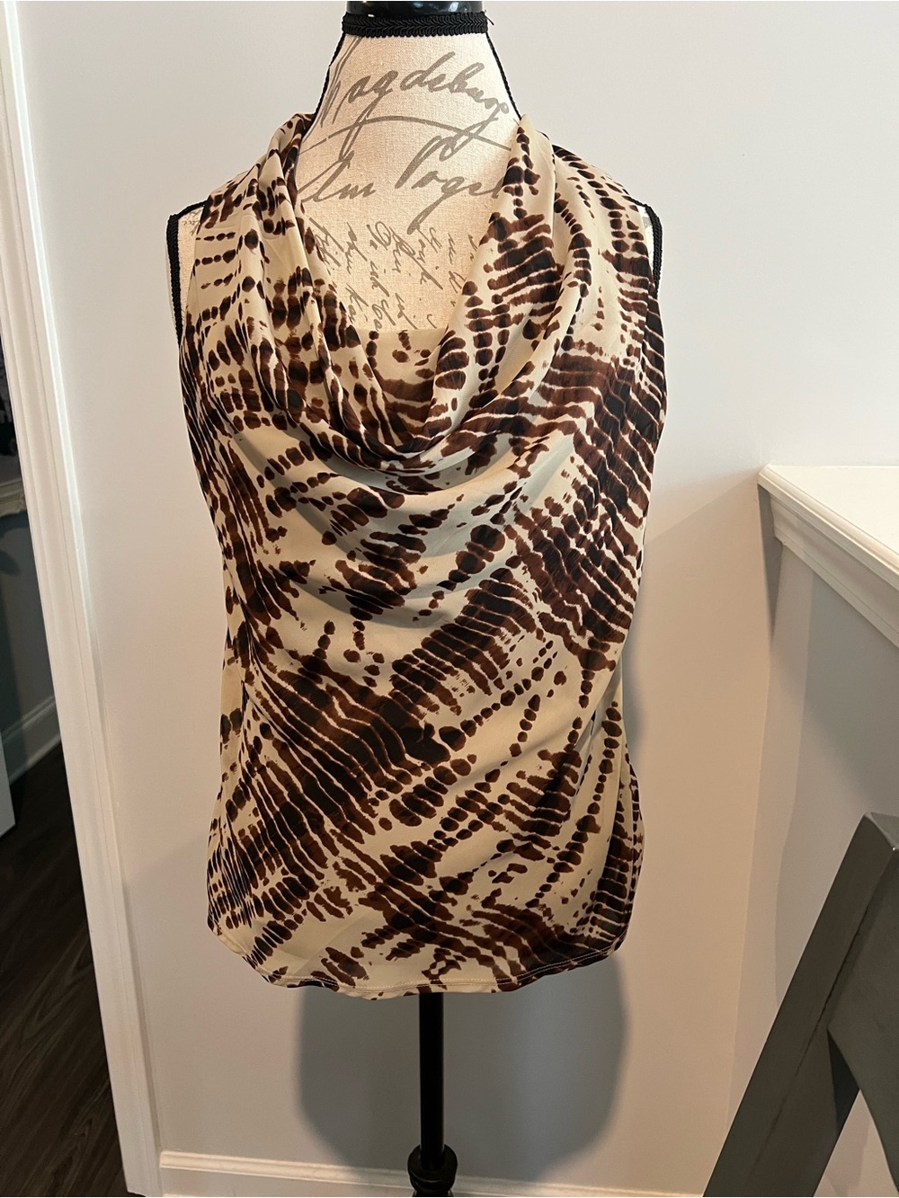 Ann Taylor Cream and Brown Printed Cowl Neck Camisole